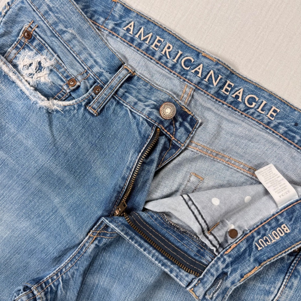 Y2k American Eagle Mens Bootcut Distressed Jeans Blue 32x34 (32x33) Preppy Bloke